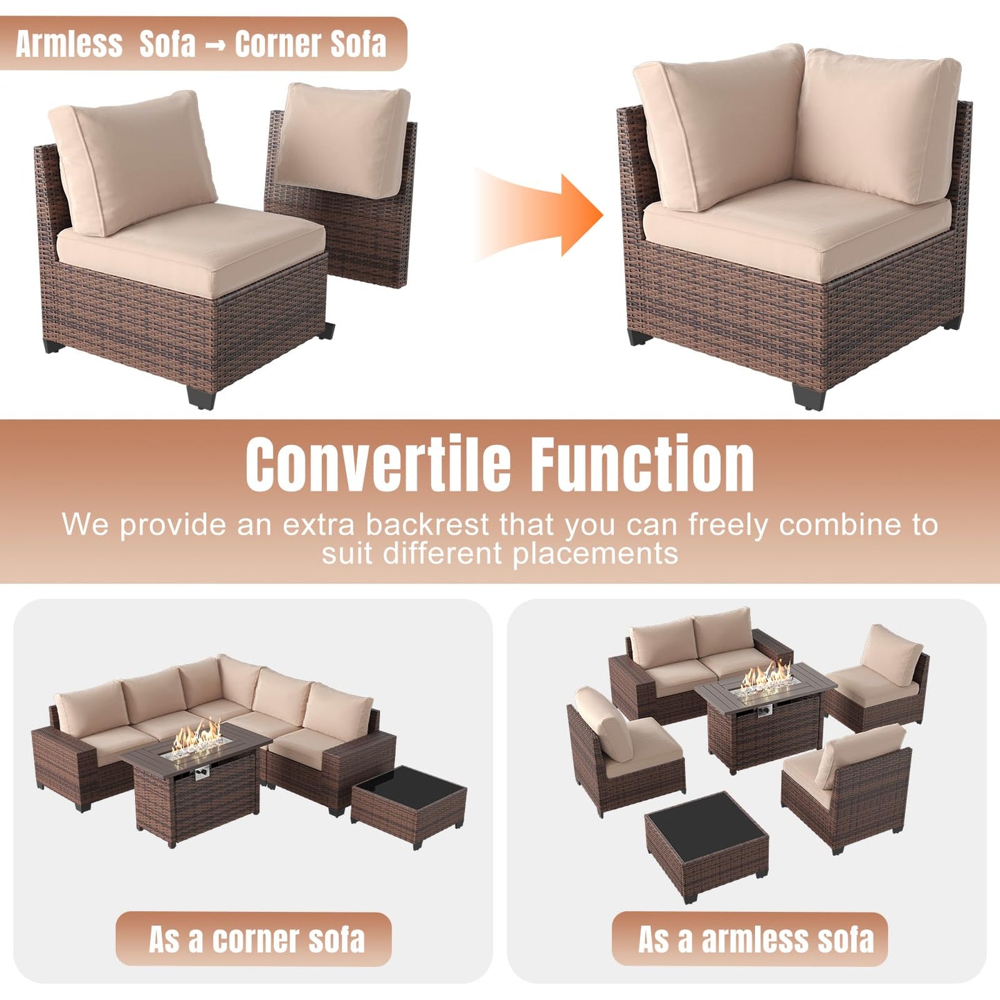 Aoxun 7-Piece Outdoor Seating Set with Fire Table & Cushions – Beige