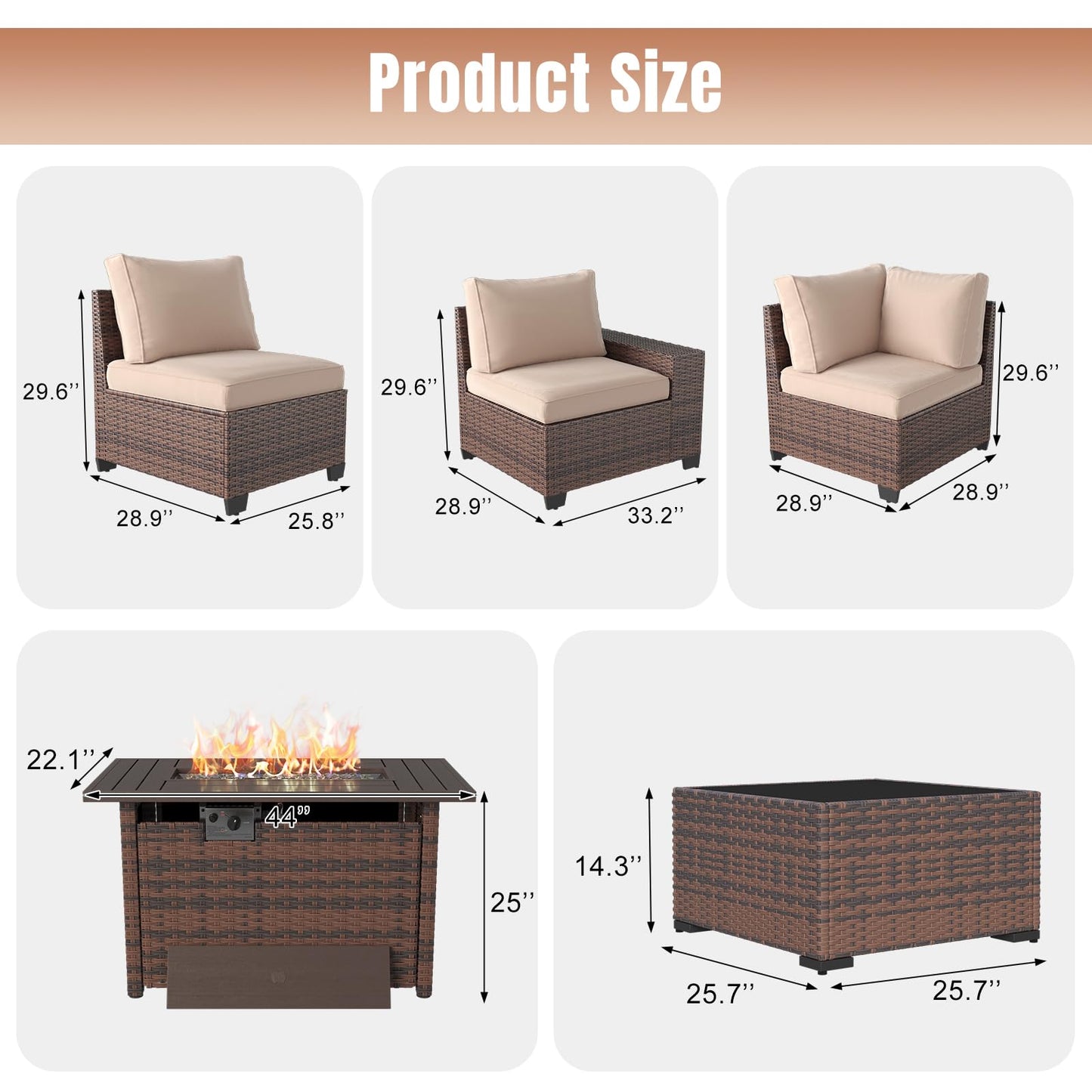 Aoxun 7-Piece Outdoor Seating Set with Fire Table & Cushions – Beige