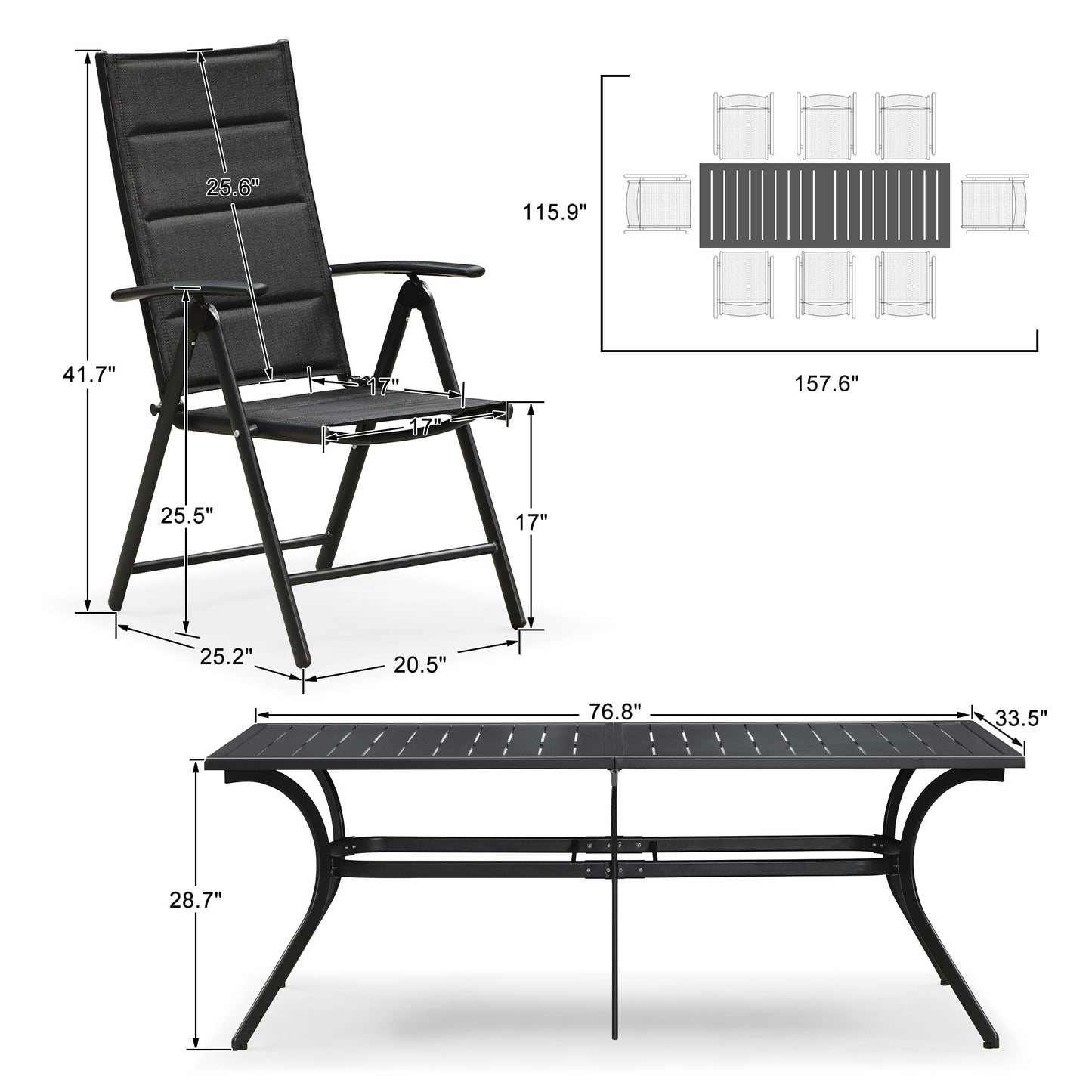 Purple Leaf 9-Piece Outdoor Dining Set with Folding Chairs & Aluminum Table – Black