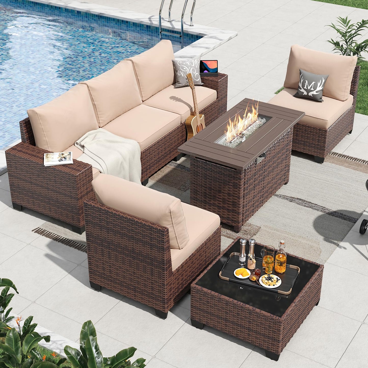 Aoxun 7-Piece Outdoor Seating Set with Fire Table & Cushions – Beige