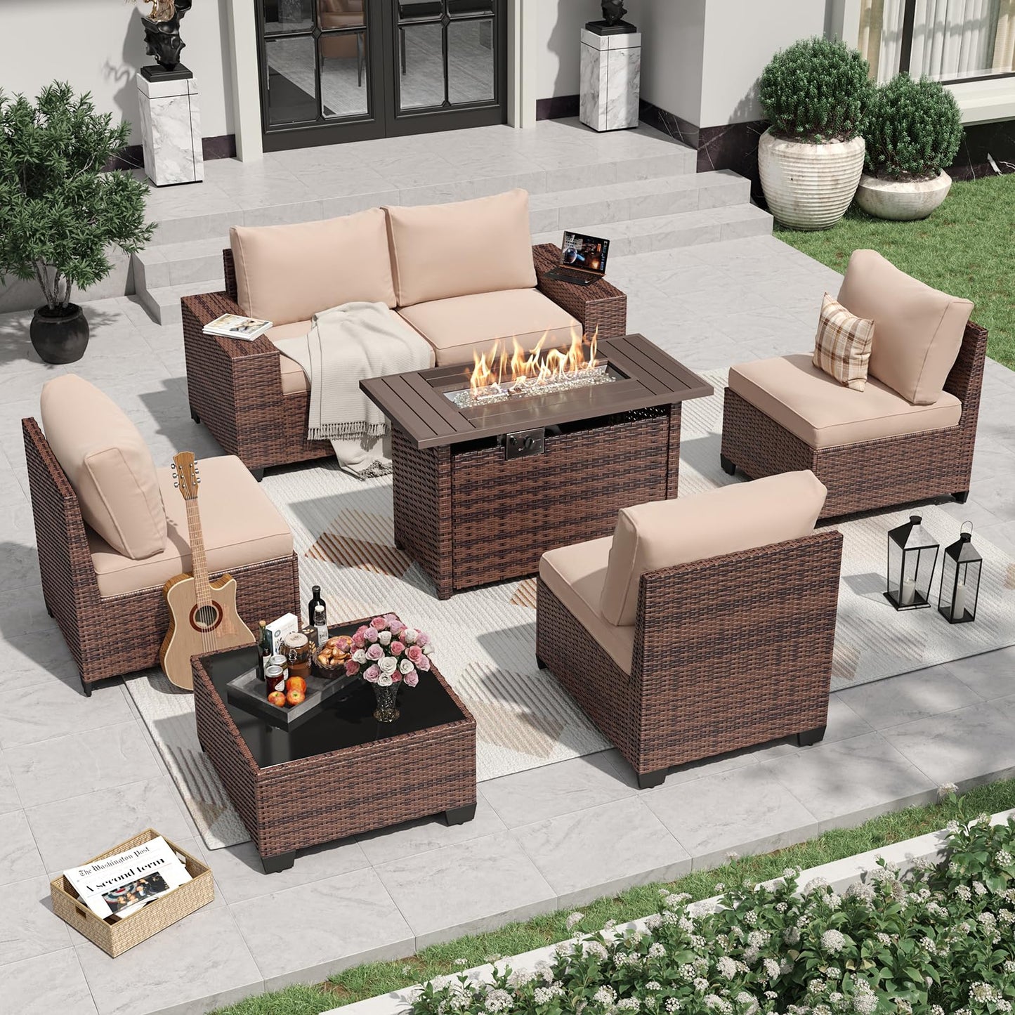 Aoxun 7-Piece Outdoor Seating Set with Fire Table & Cushions – Beige
