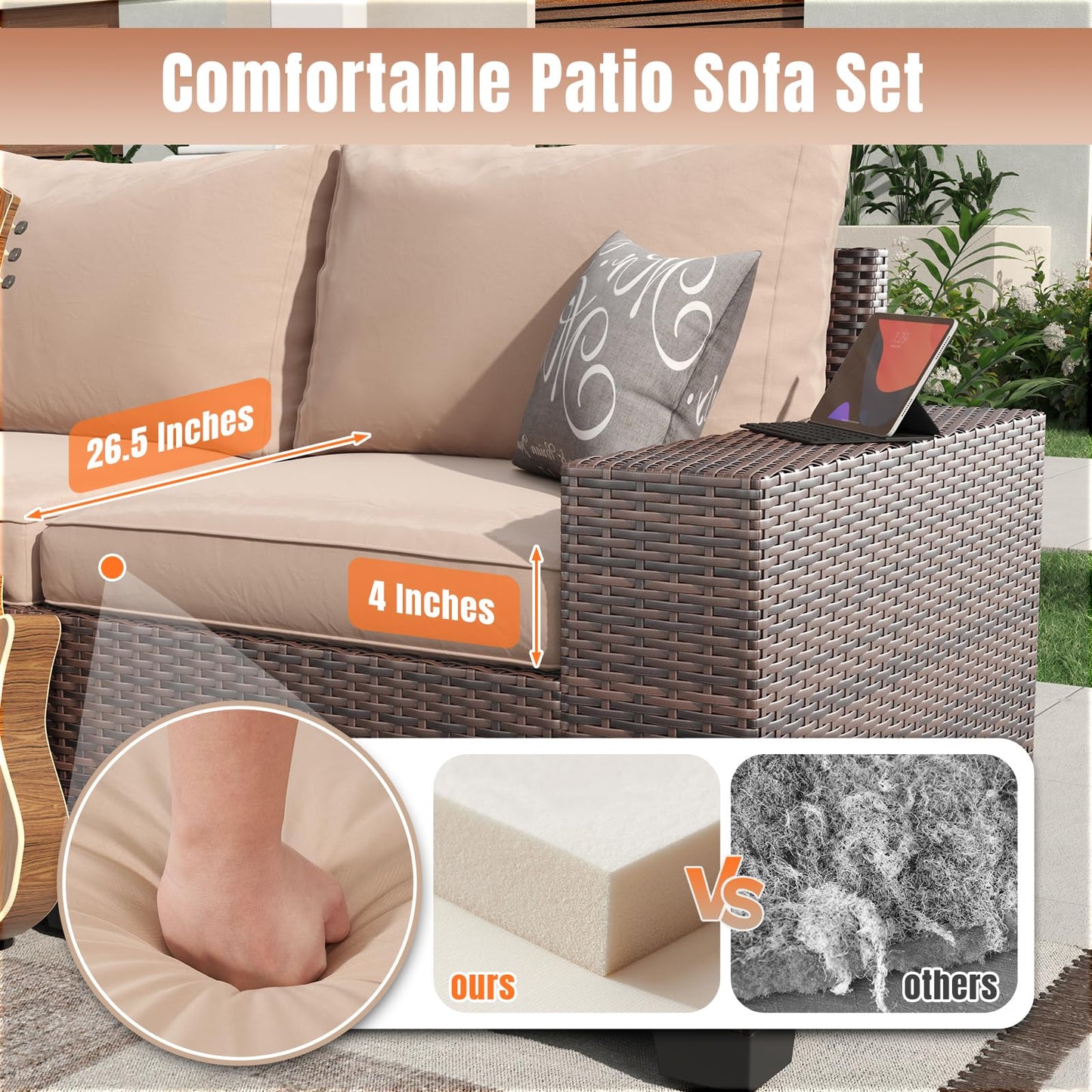Aoxun 7-Piece Outdoor Seating Set with Fire Table & Cushions – Beige