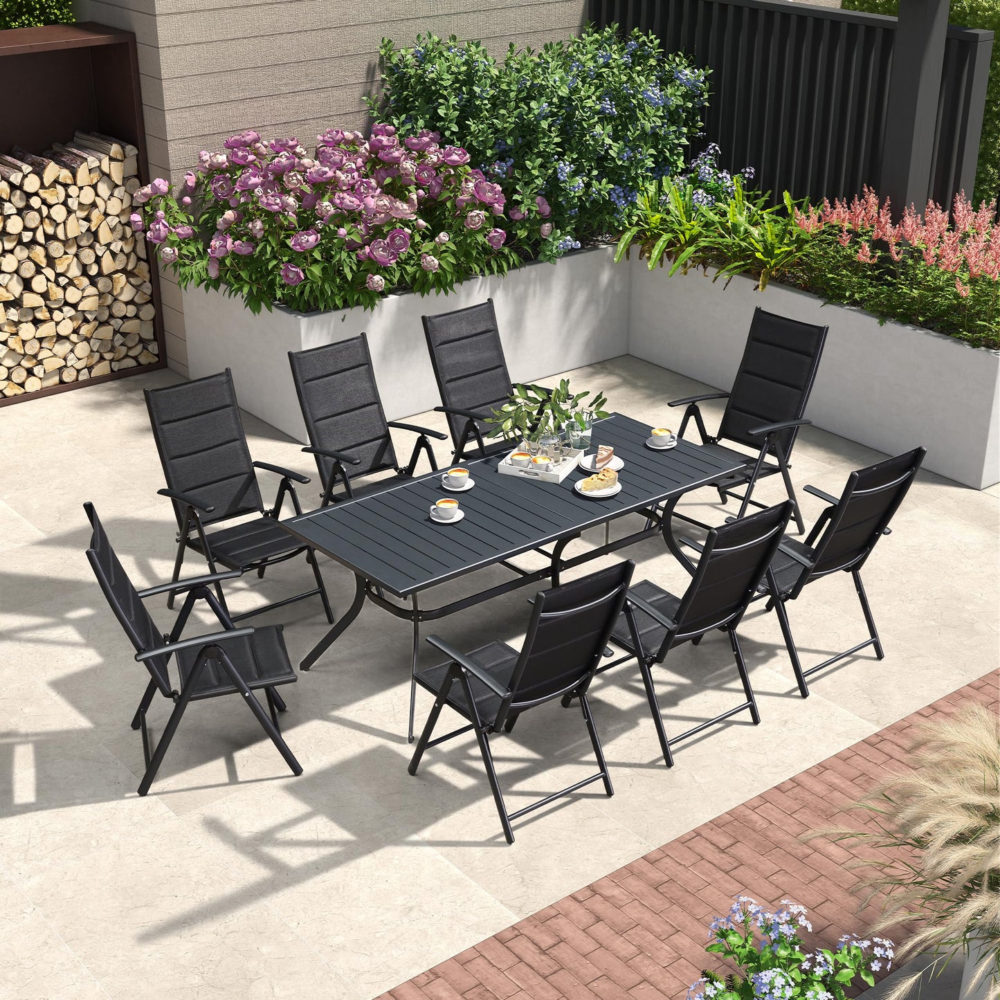 Purple Leaf 9-Piece Outdoor Dining Set with Folding Chairs & Aluminum Table – Black